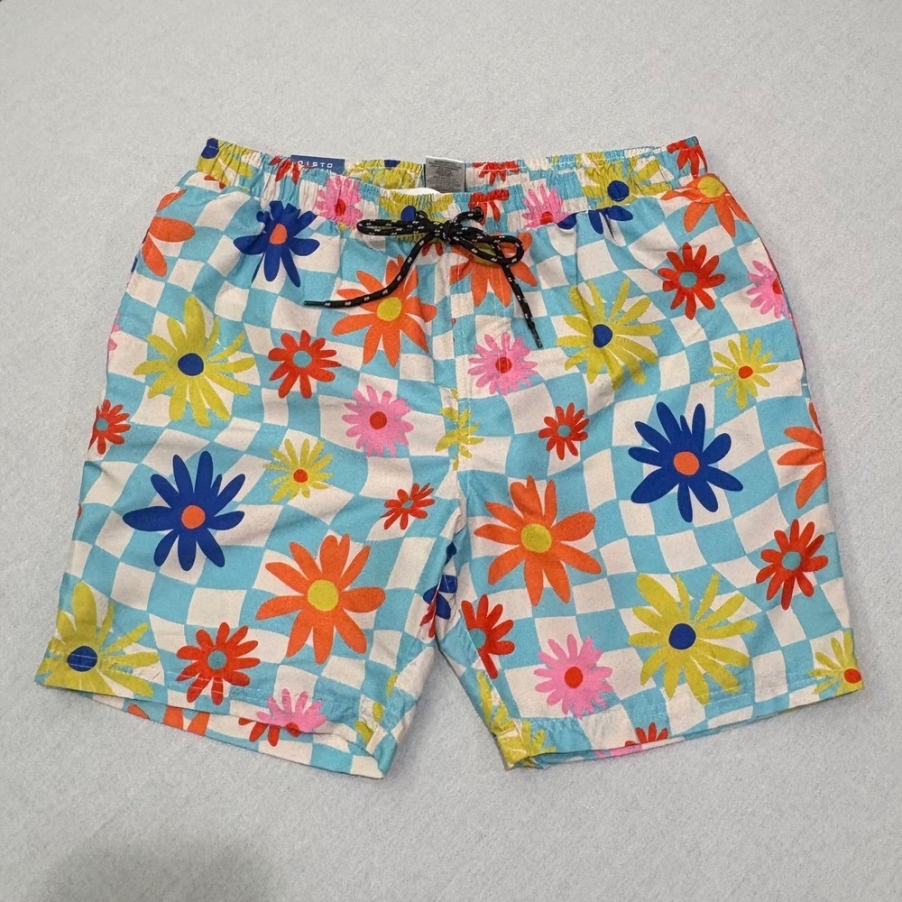 Distortion Men Swim Trunks Floral Checkered Drawstring 3 pockets Large NWT